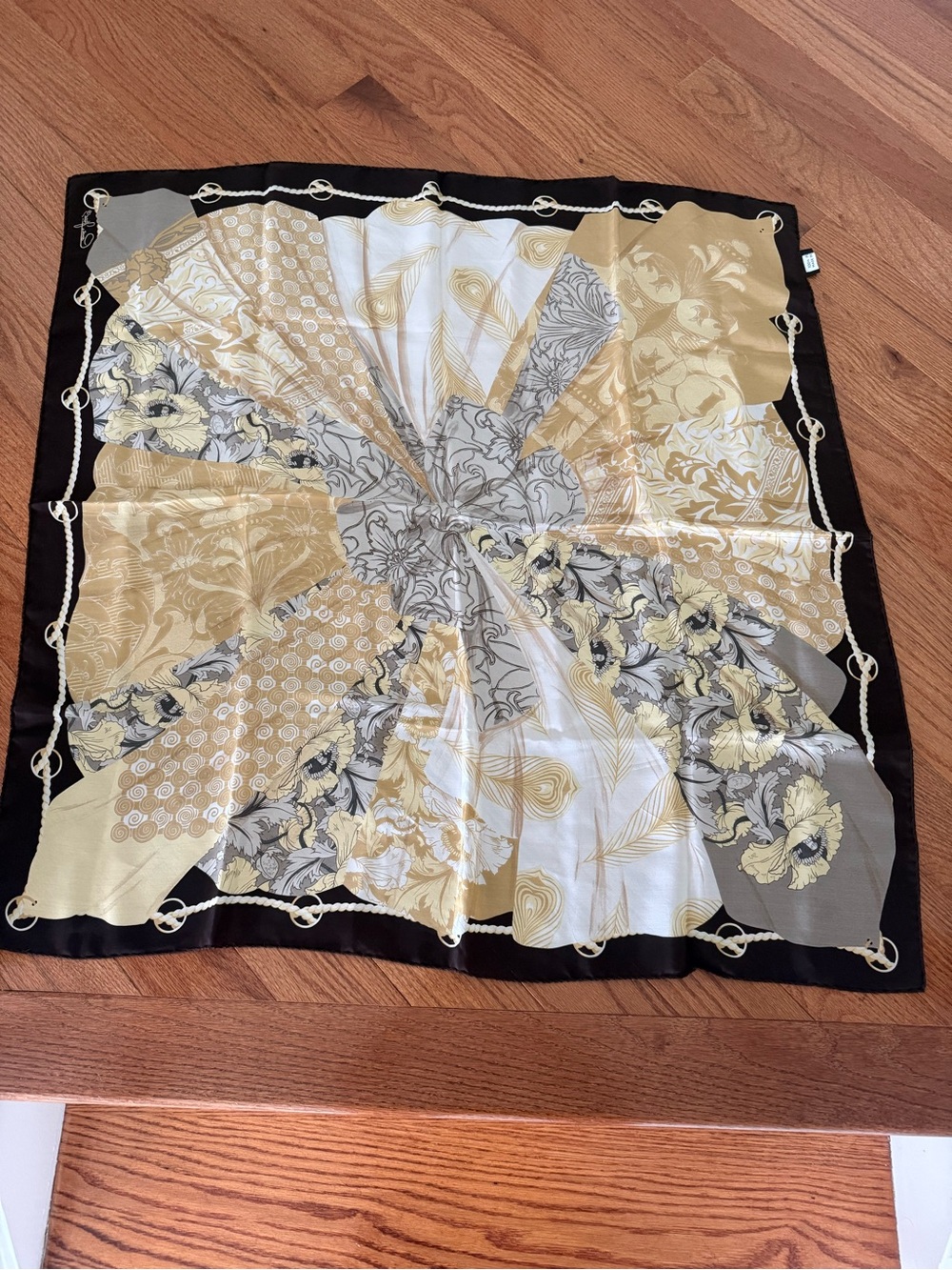 Cornelia Jone - Silk Pattern Square Scarf in Gold, Brown and Cream